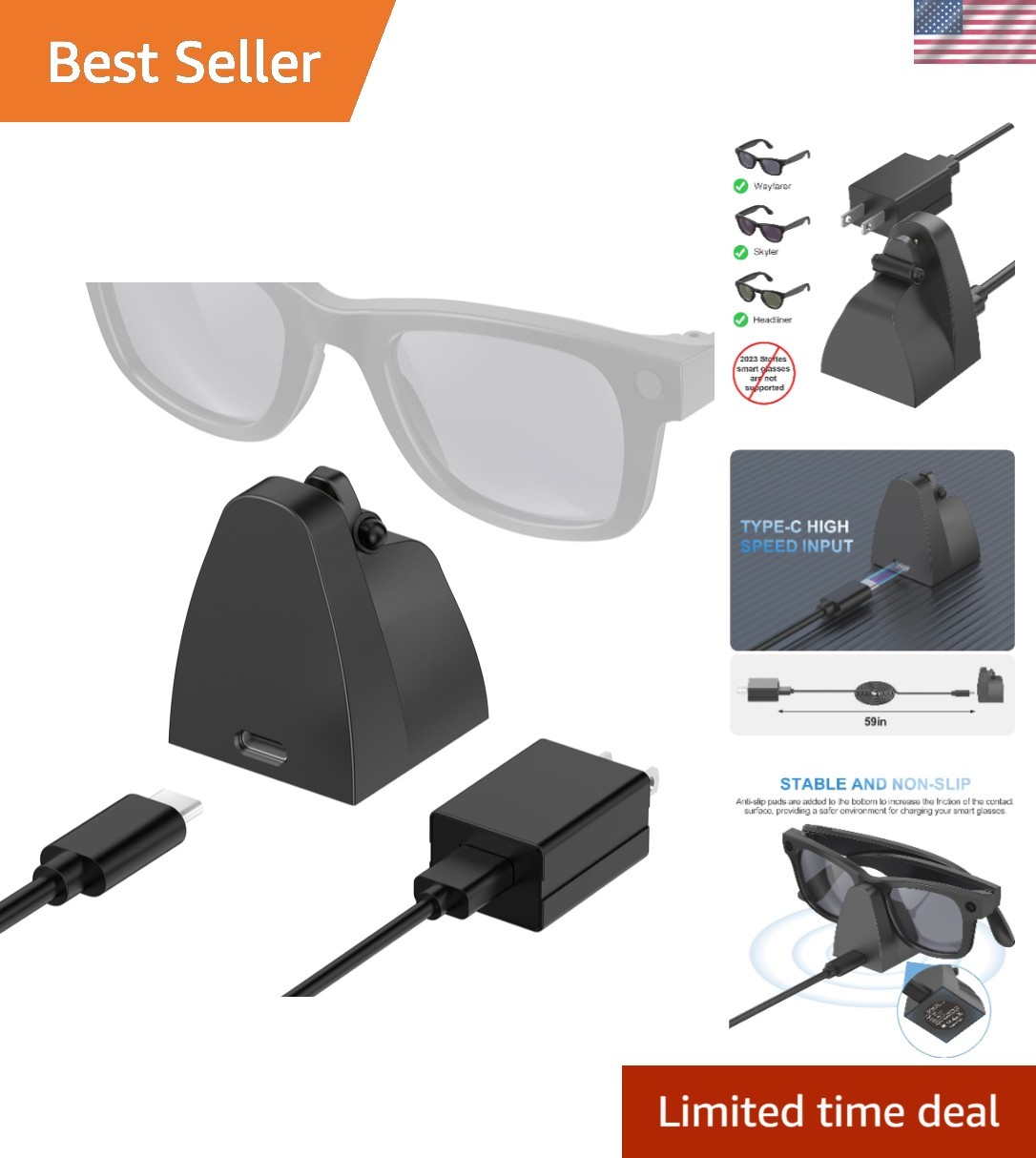 Lightweight USB-C Charging Dock for Wayfarer & Headliner Smart Glasses, 59-Inch