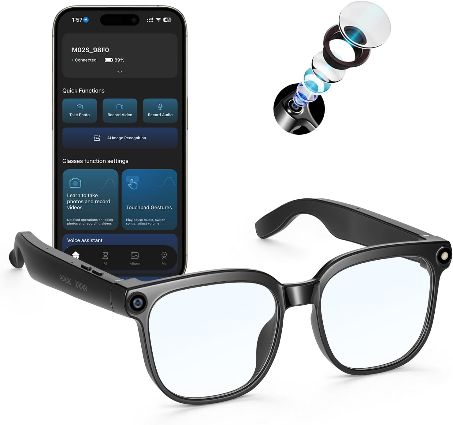 AI Translation Smart Glasses with Camera, 4K 800W HD Video Recording Glasses wit