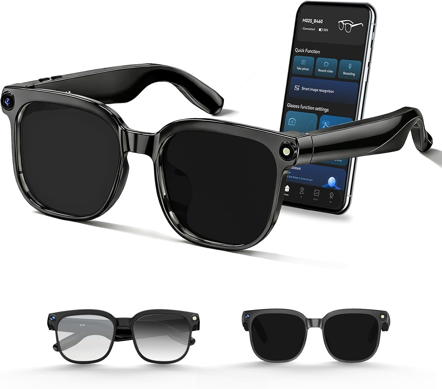 AI Smart Glasses with Camera, 4K Photos & 1080P Video, Anti-Shake, Real-Time Tra