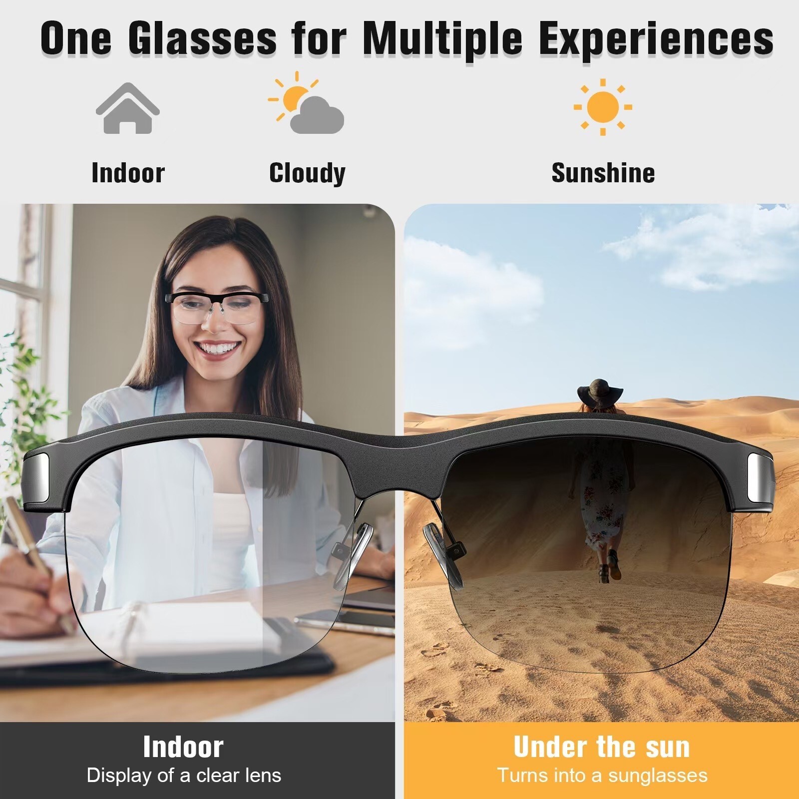 Smart Audio Photochromic Glasses: Bluetooth, Auto – color Change, UV Protection