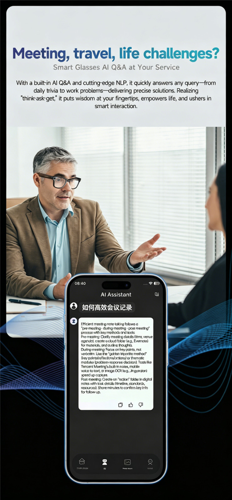 8MP AI Smart Glasses Real-time Translation Call Music Noise Reduction Anti Shake
