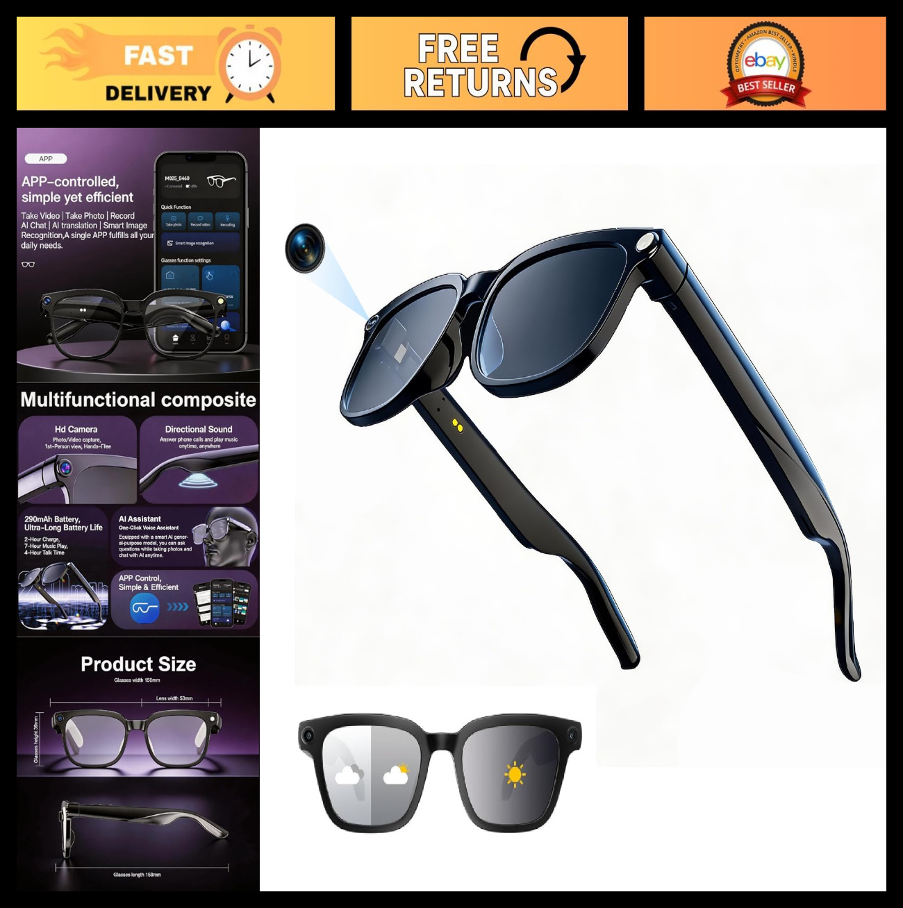 Smart Glasses with Camera, 8MP 4K Video, Bluetooth Speaker, Voice Control, IP67,