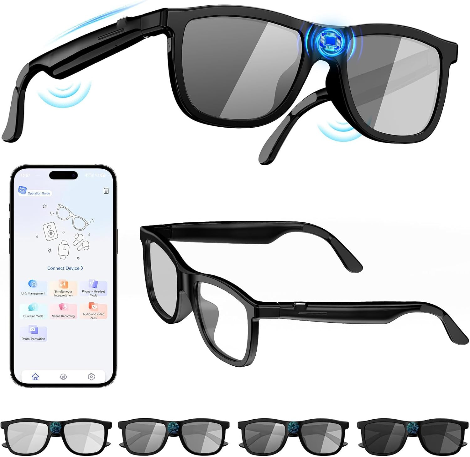 2026 Smart Audio Glasses with Electrochromic Lenses, Adjustable Tint Sunglasses