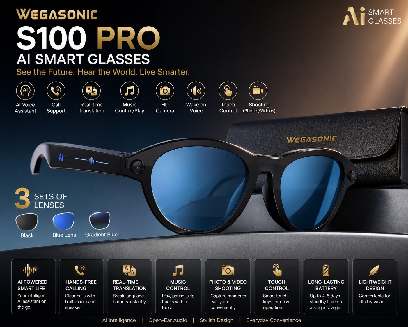 WEGASONIC S100 PRO AI Smart Glasses w/ HD Camera, Real-Time Translation & BT Aud