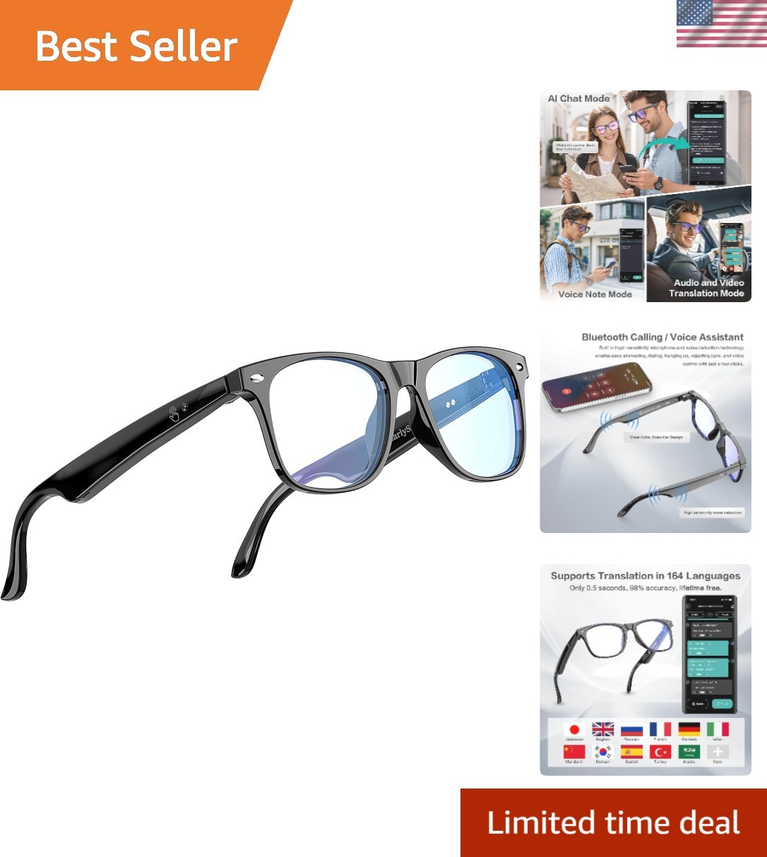 Anti-Blue Light AI Smart Glasses – Bluetooth, Music, Calls, Long Battery Life