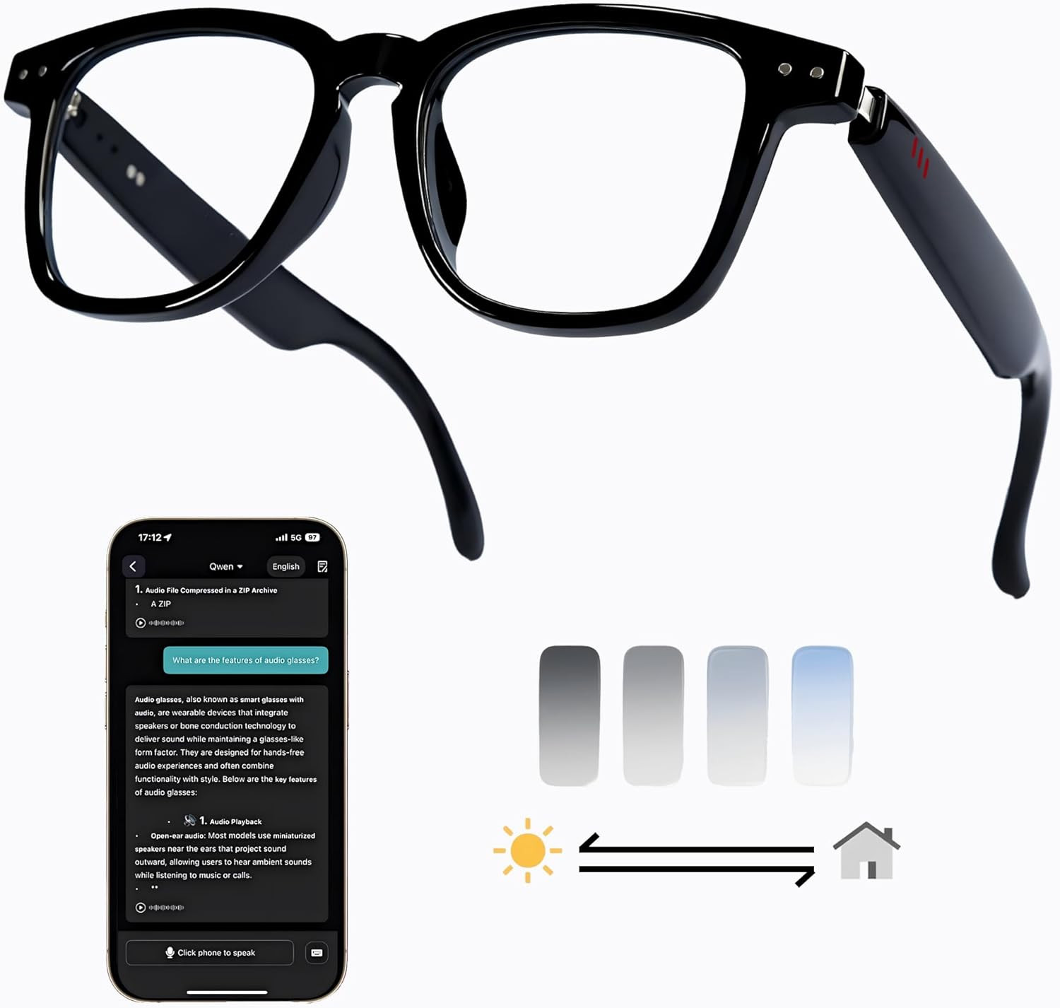 AI Translation Glasses Bluetooth, 140+ Languages Smart Audio Glasses