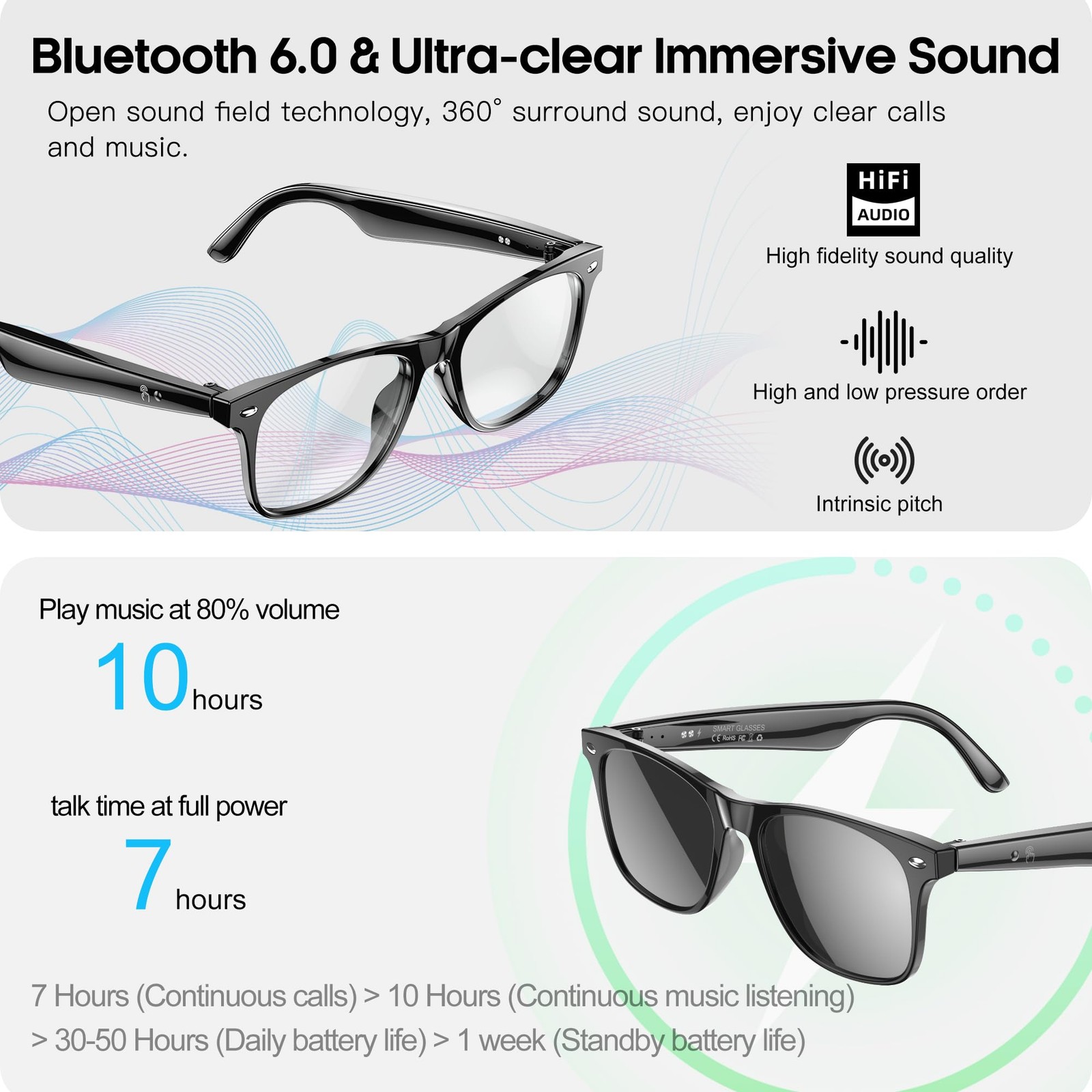 hellibito AI Translation Smart Glasses Regular, Black Frame-Transparent Lens