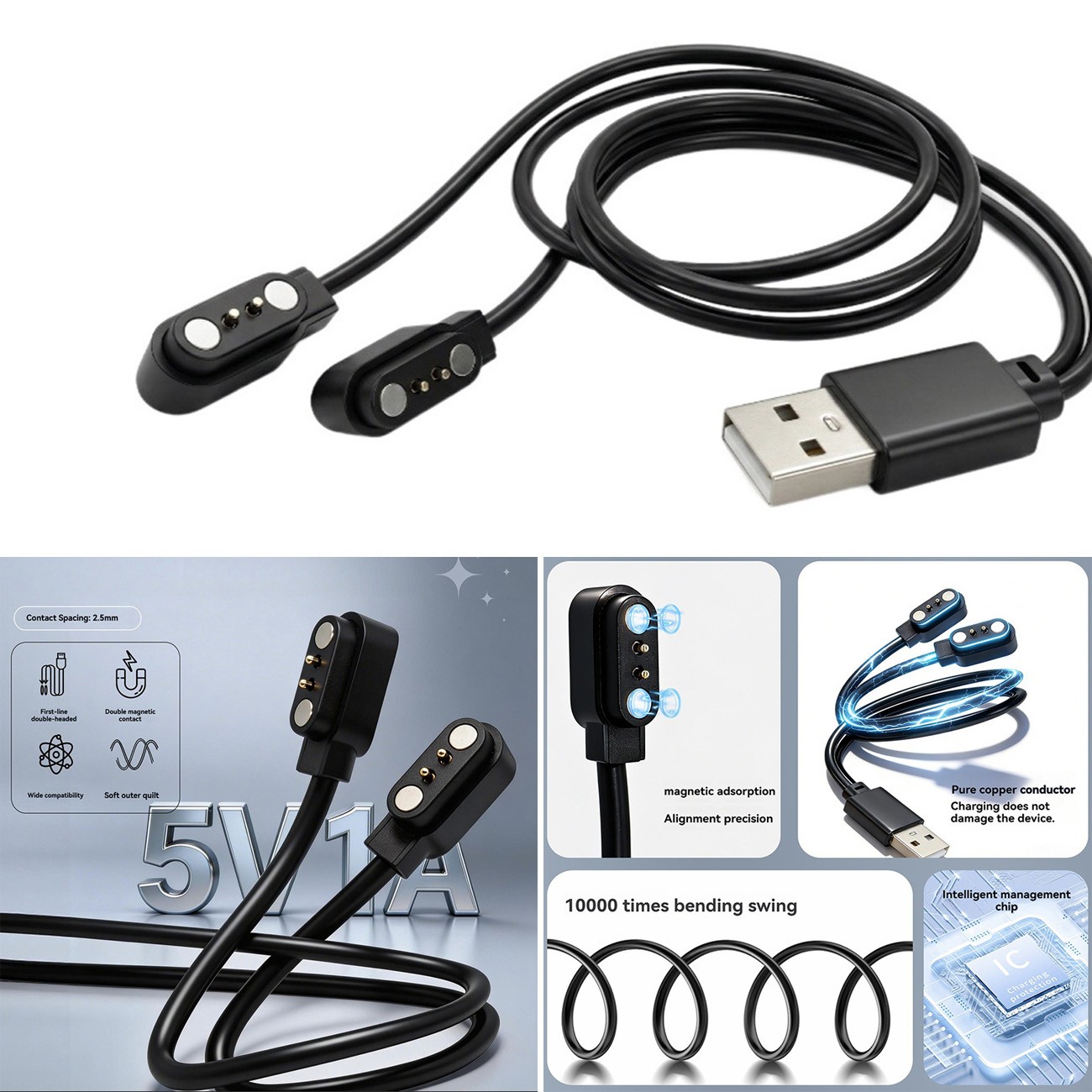 Smart Bluetooth Glasses Magnet Charging Cable 2P 2.5mm 2in1 Power Supply Charger