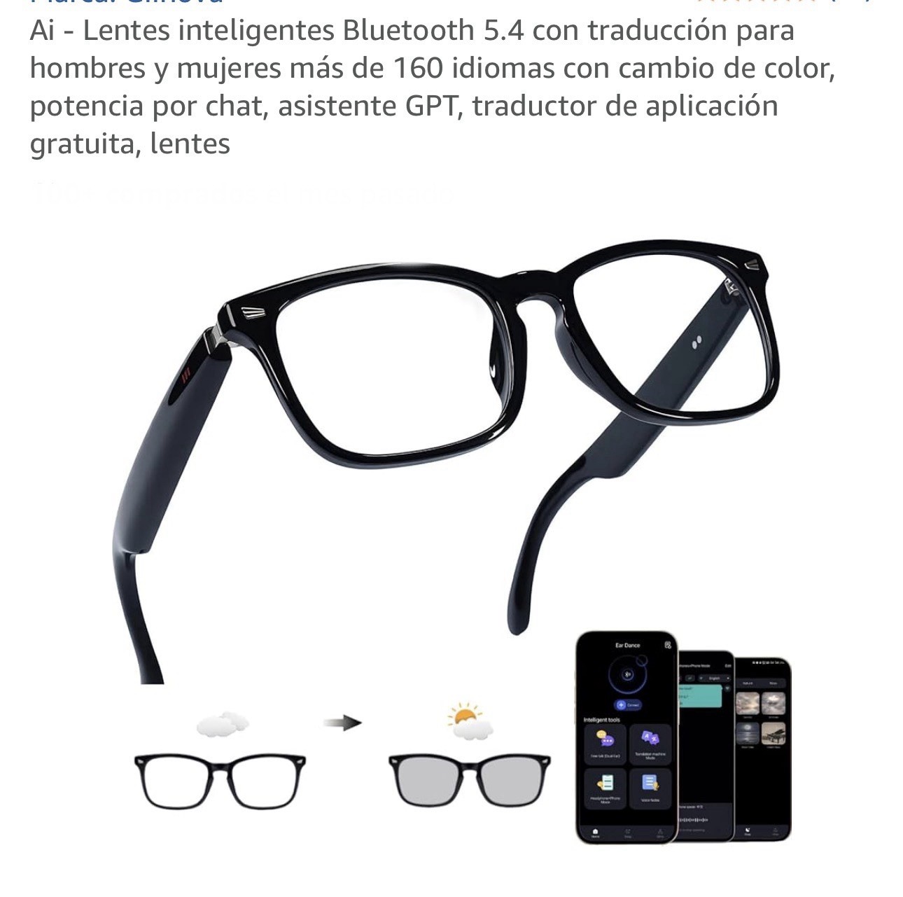 Smart Audio Glasses Bluetooth 5.4 USB Translation Chat Assistant Black