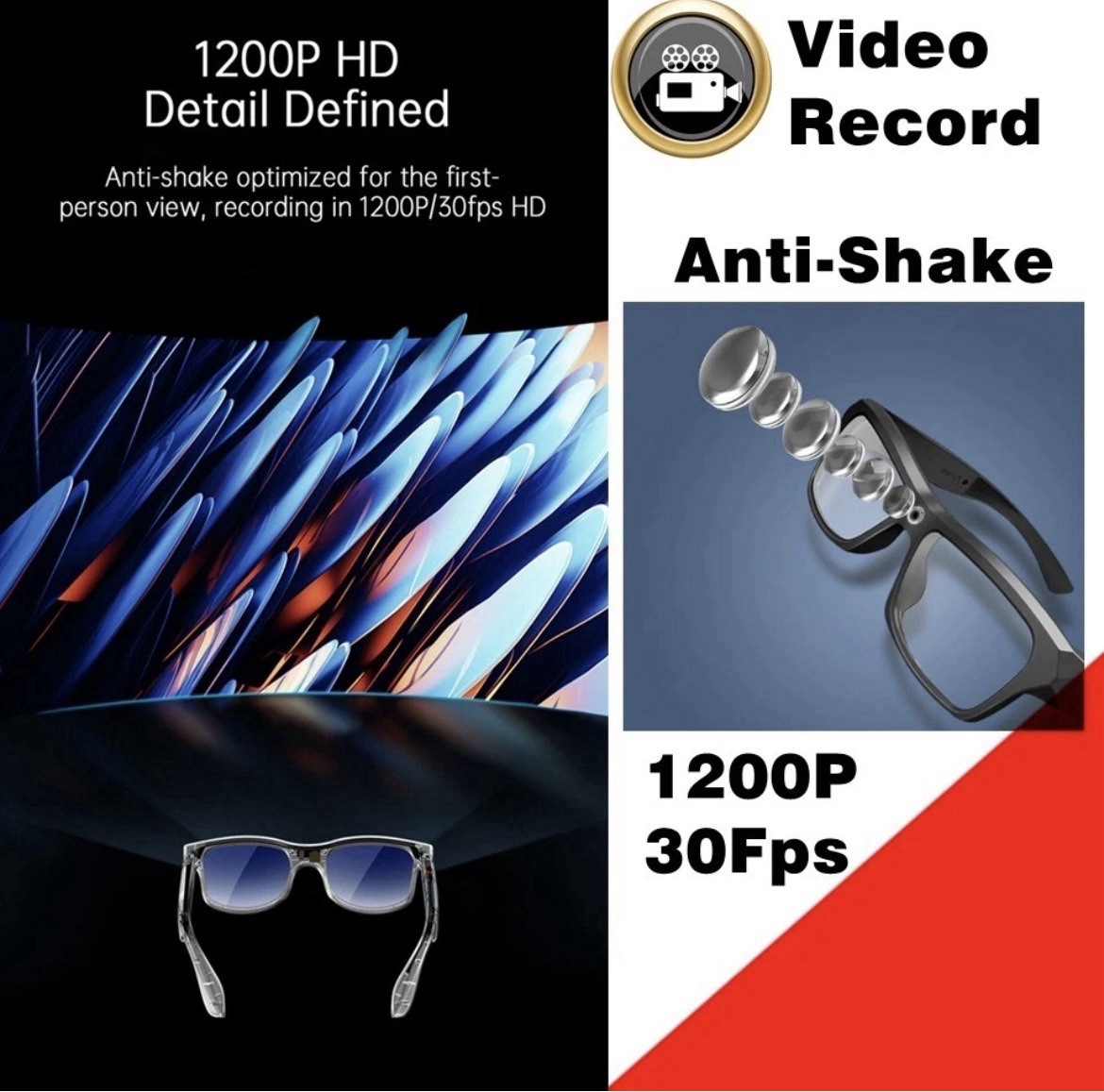 Smart Ai glasses 8MP Sony Camera, Video Recording-For iOS and Android .(Black)