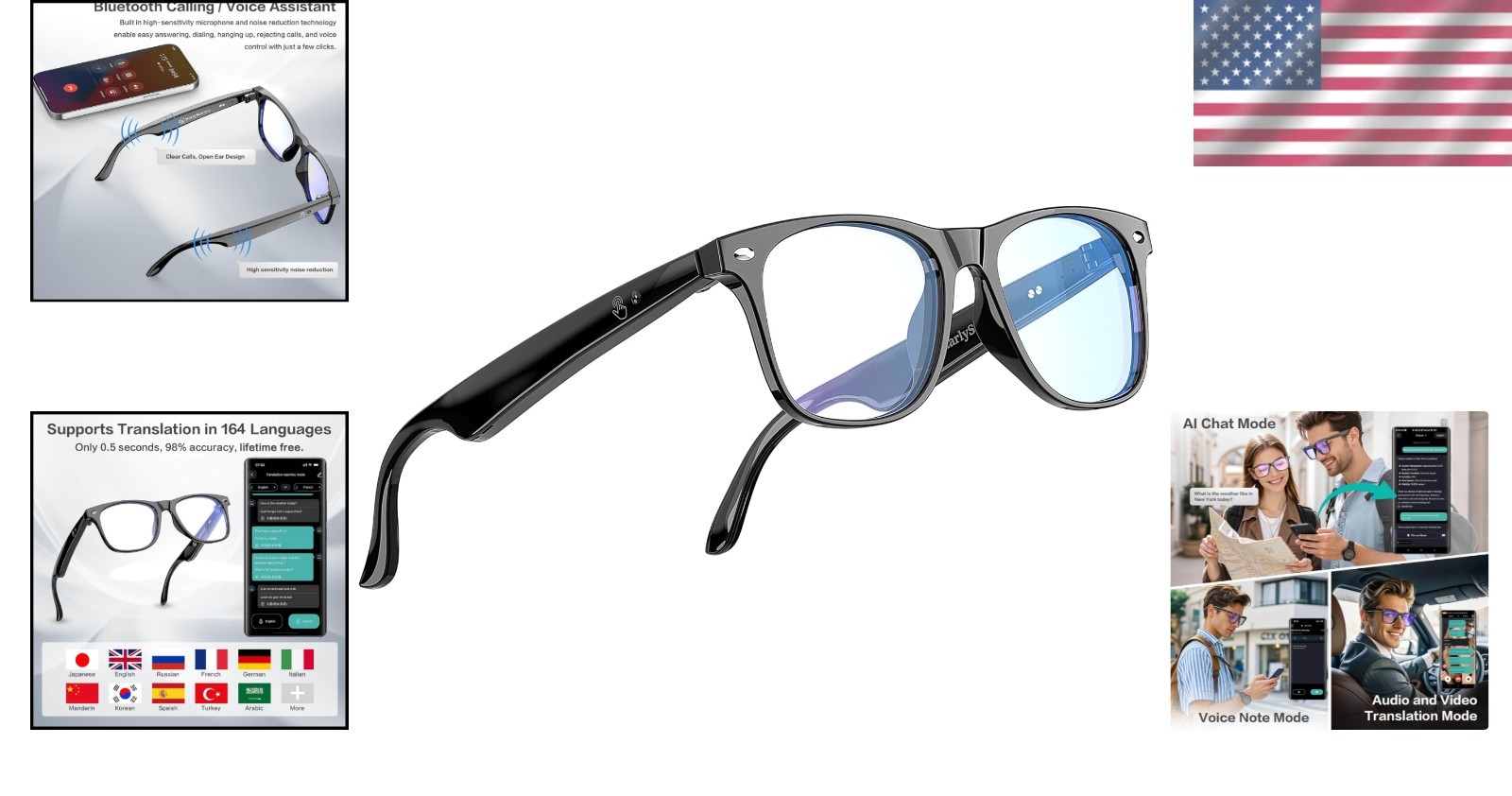 AI Translation Glasses Bluetooth 7 Day Standby Waterproof Music Calls