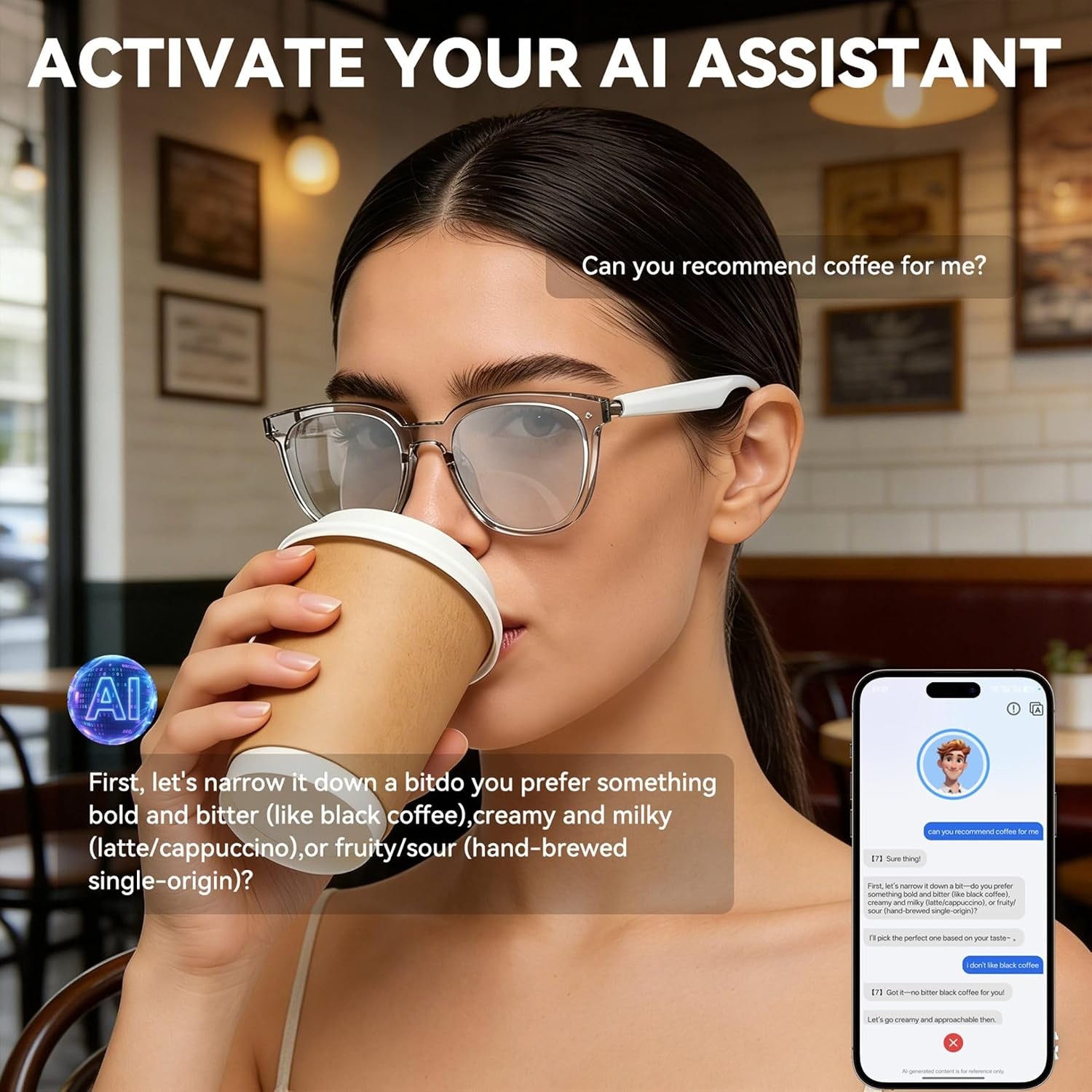 AI Smart Glasses, Bluetooth Glasses for Men Women Open-Ear Music & Calls Touch