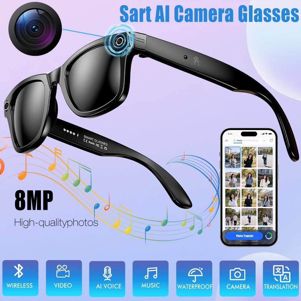 AI Smart Bluetooth Glasses with Camera1080p Video Recording Headphone Sunglasses