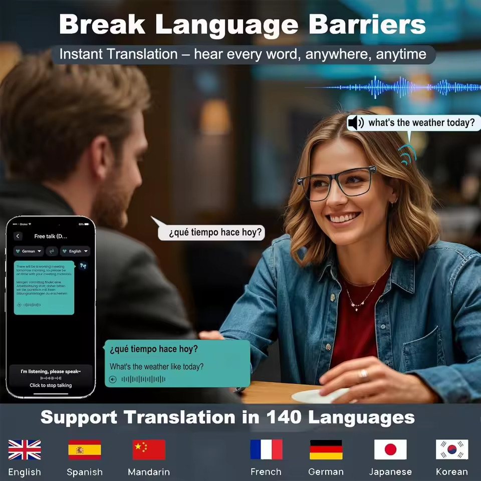 AI Smart Translation Glasses 140+ Languages Photochromic Lenses Bluetooth Audio