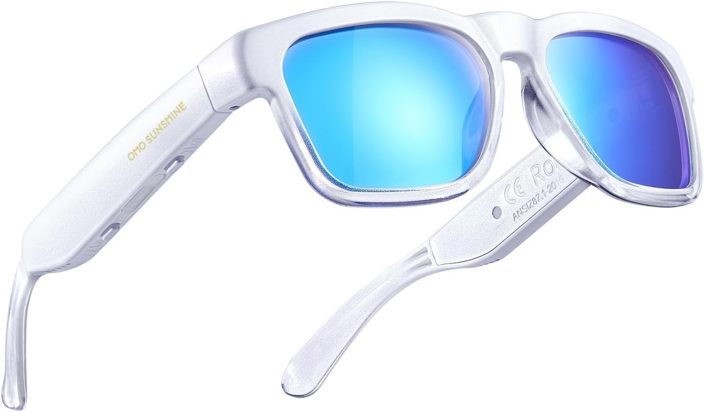 OhO Smart SunGlasses Polarized Bluetooth Speaker Voice Control White w/Blue Lens