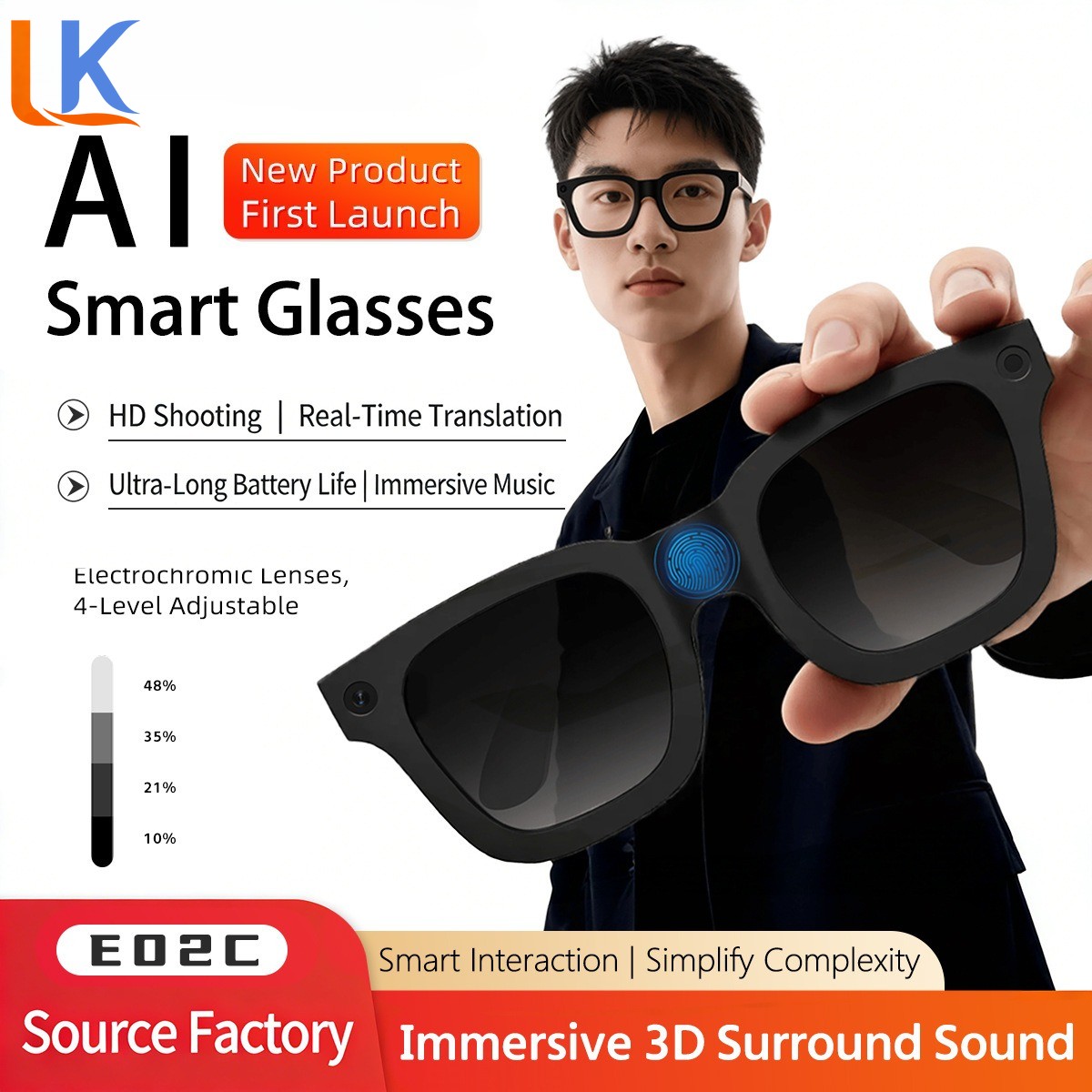 E02C AI Smart Glasses Anti-Shake Camera 1080P Video Recor Bluetooth calling vtfg