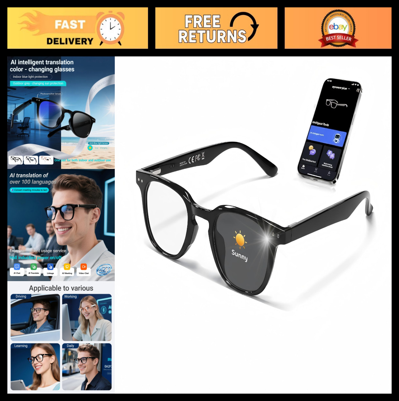 Smart Glasses with Open Ear Speaker, Bluetooth 5.4, Voice Assistant, Real-Time T