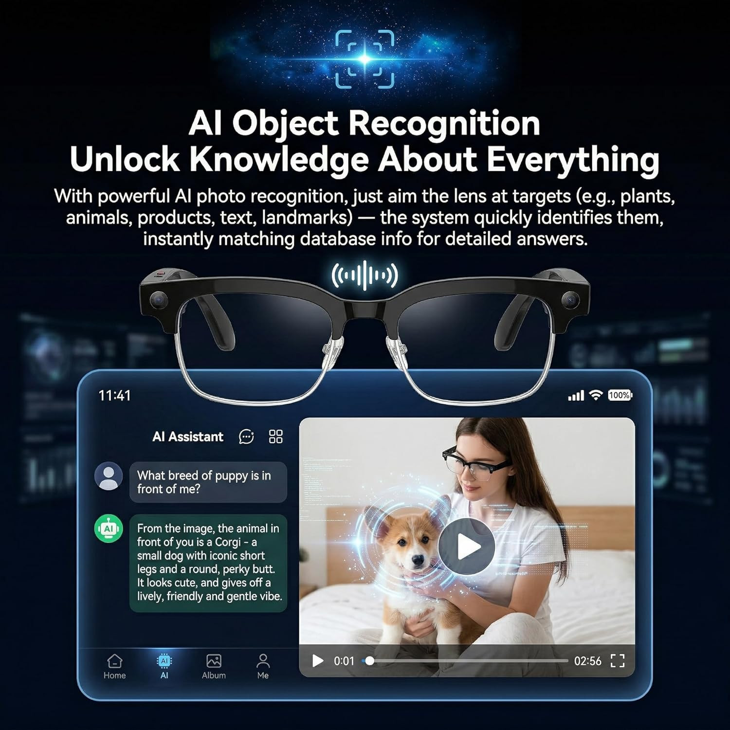 AI Smart Glasses with 4K Camera/Video Recording/Bluetooth for Men & Women/Hands-