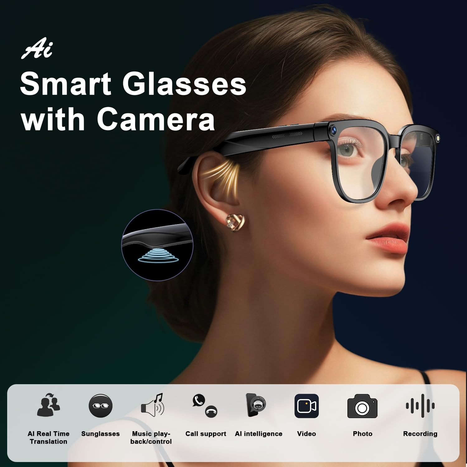 AI Smart Glasses with Camera and Audio, 8MP HD Camera Glasses for Men Women,1080