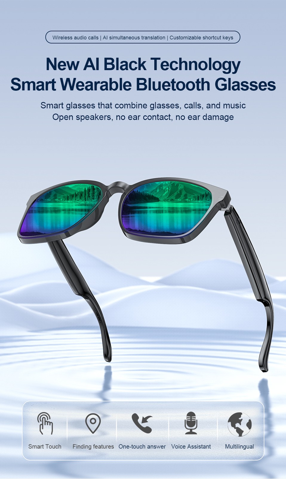 AI Bluetooth Smart Glasses Anti-Blue Light Translation Calling Music Functions F
