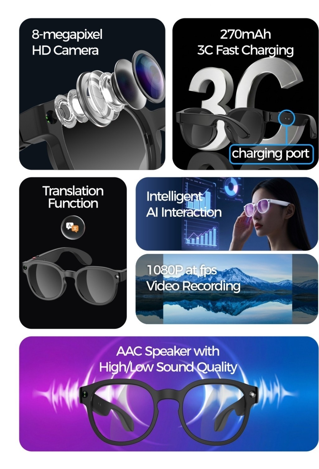 AIMB-S1 AI Smart Glasses with Camera Anti-shake 1080P Video/Audio AI Translation