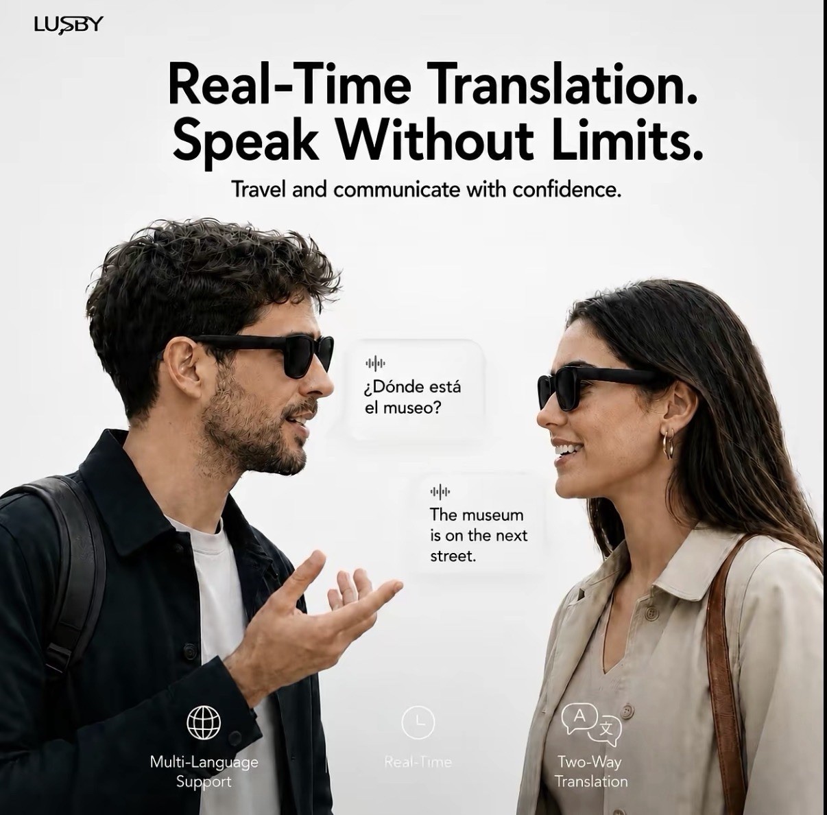 LUSBY KO AI Smart Glasses – AI Translation, Open-Ear Audio/Calls, Tint