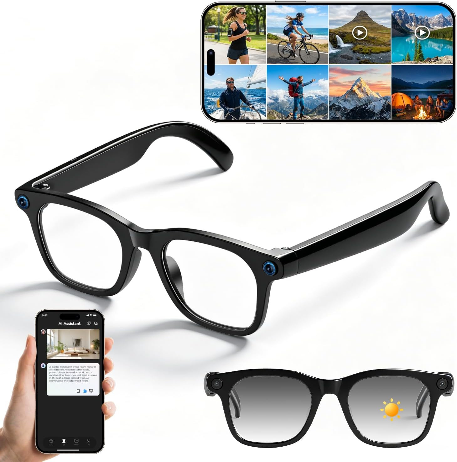 AI Smart Glasses with Camera,AI Voice Assistant,8MP/1080P HD Video & Audio Recor