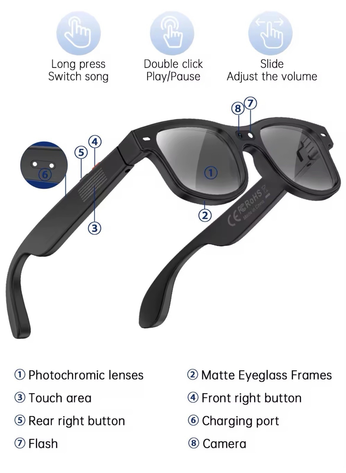 Smart Ai glasses 8MP Sony Camera, Video Recording-For iOS and Android .(Black)