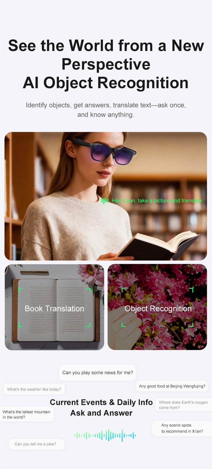 Smart Glasses with Camera AI Object Recognition Video Photo Handsfree Calling