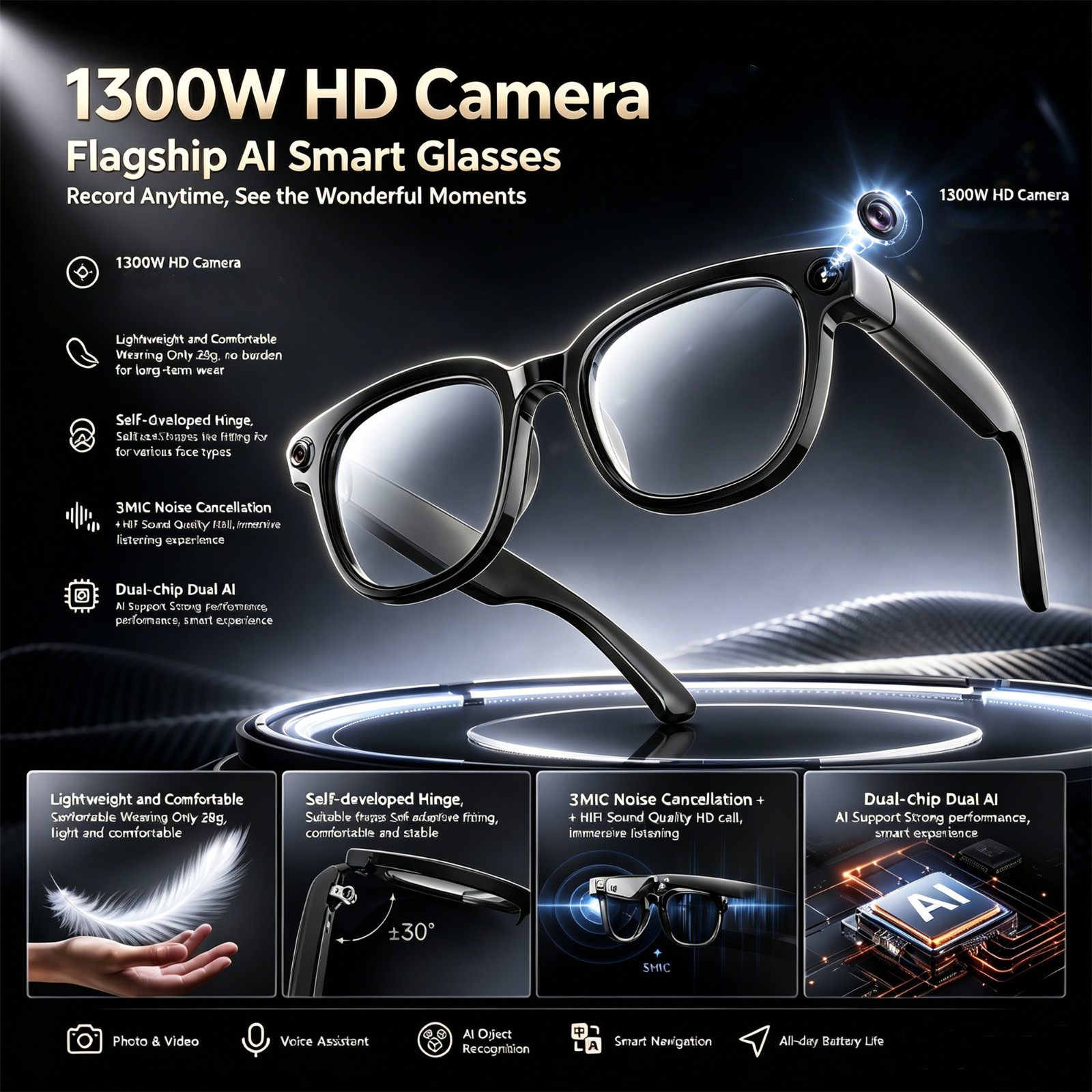 13MP AI Smart Glasses Bluetooth Call Music Real-Time Translation Photo Video