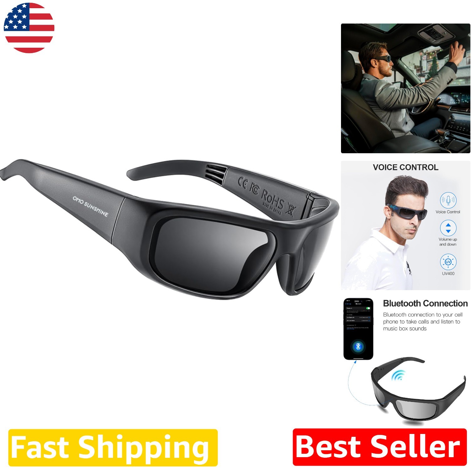 Water Resistant Sport Sunglasses Bluetooth Audio 10H Music Voice Control Unisex