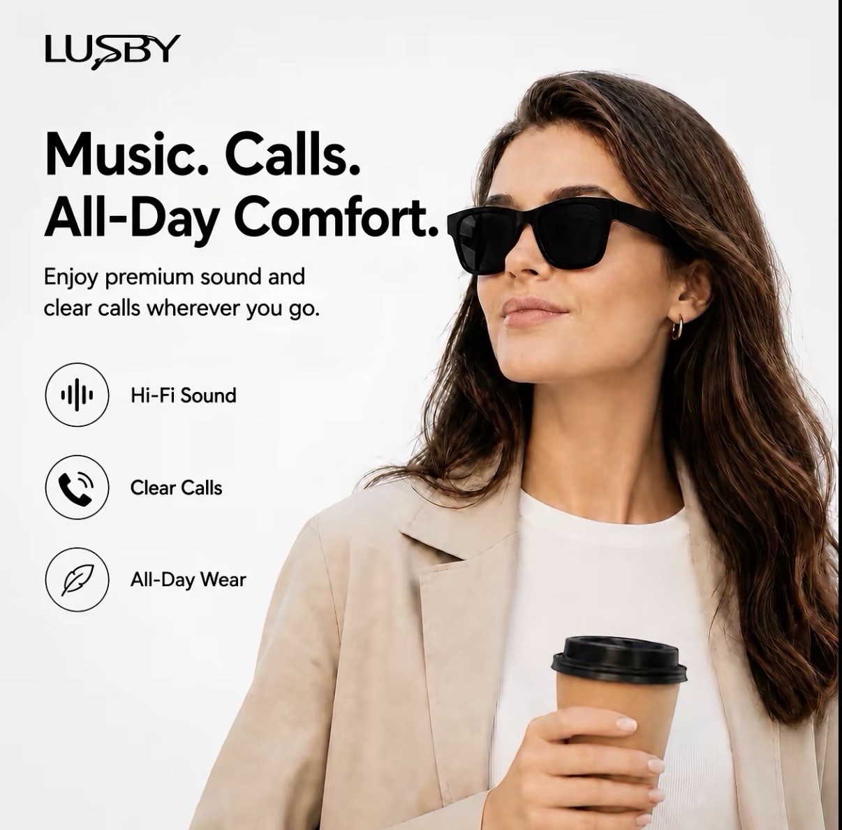 LUSBY KO AI Smart Glasses – AI Translation, Open-Ear Audio/Calls, Tint