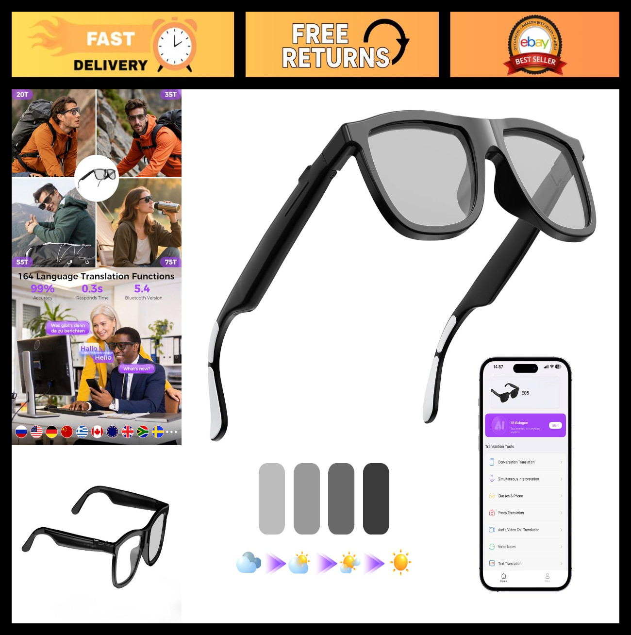 Smart Translation Glasses 164 Languages, Color-Change Lens, Music & Calls, UV Pr