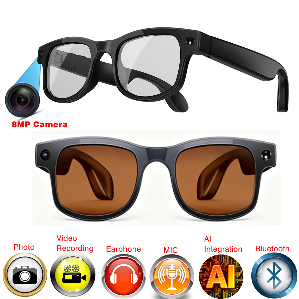 4K AI Smart Glasses 8MP Camera Bluetooth Call Voice Assistant 2025