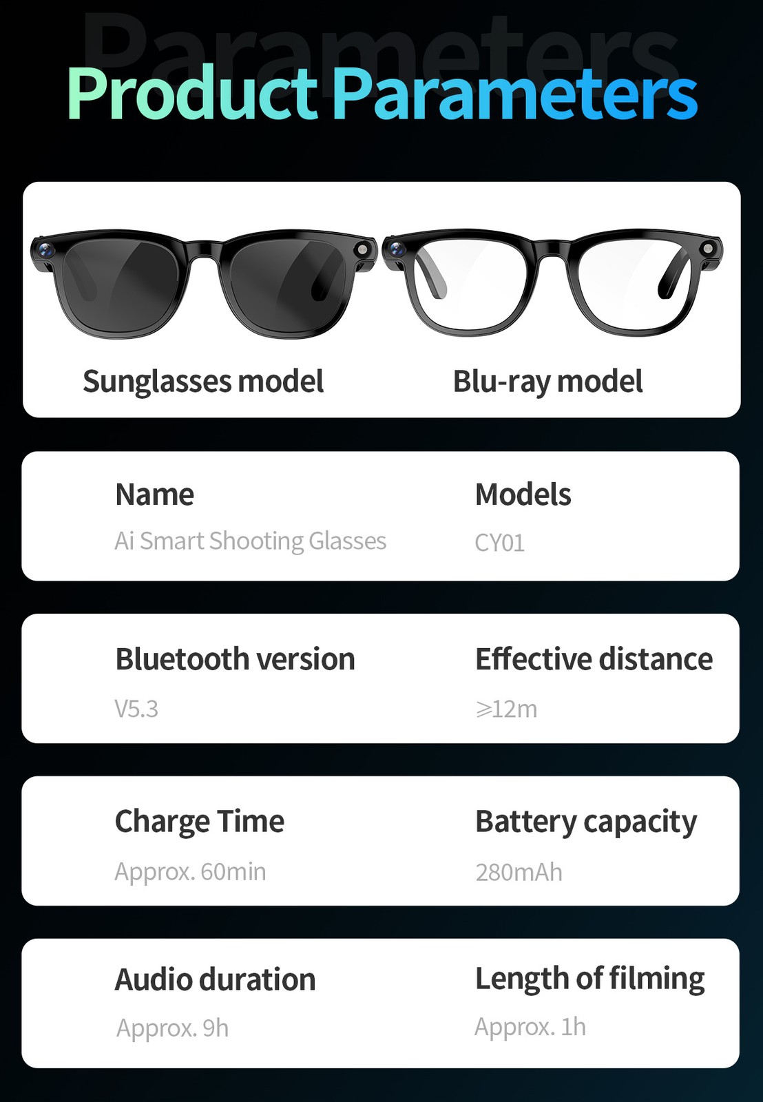 CY01 AI Smart Glasses Camera / Photo / Video Recording/ AI Translation Bluetooth