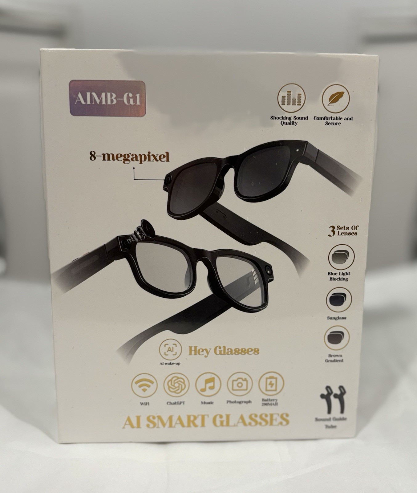 AiMB-G1 Bluetooth Voice Control Smart Glasses W/8MP, 1080p Camera NIB-sealed