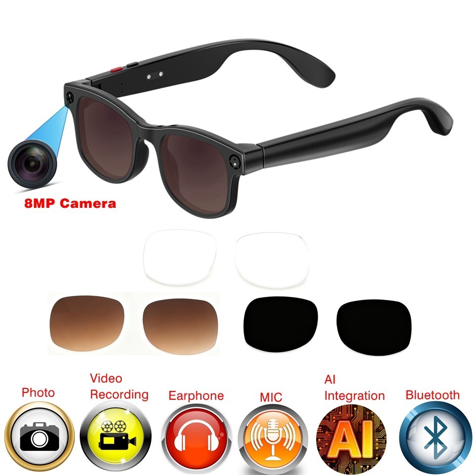 Smart glasses bluetooth with 8MP camera and earphone and music player