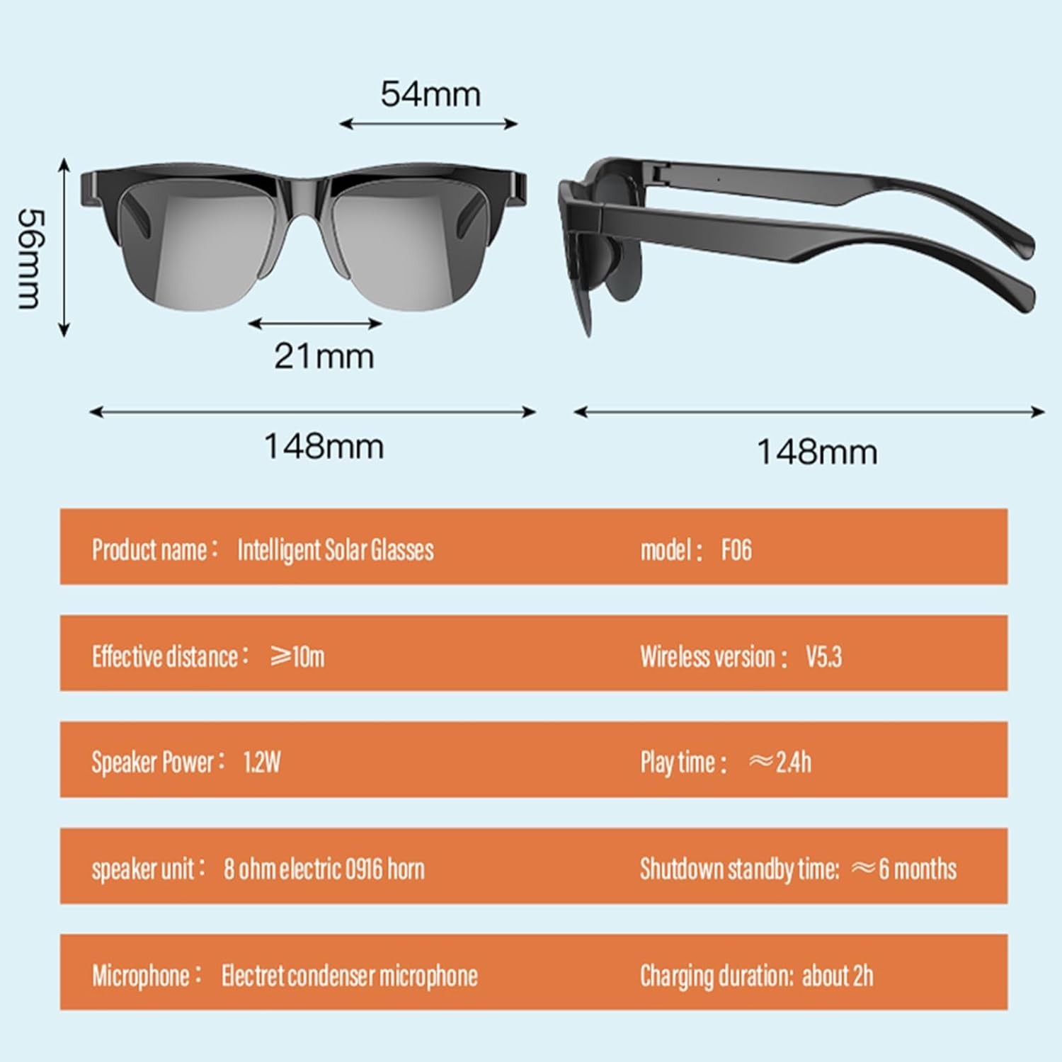 Bluetooth Smart Glasses with Speakers Eyewear Music translator Headphones Black