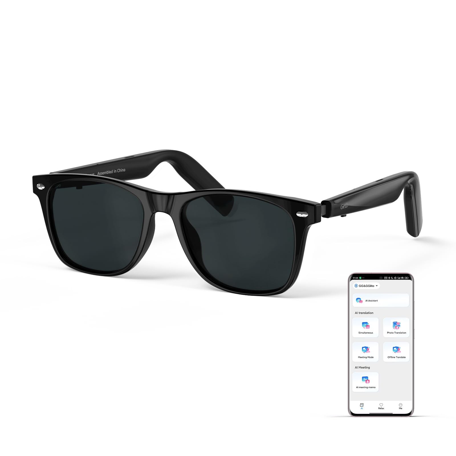 AI Glasses for Men & Women, Smart Large, Polished Black + Gray Polarized Lens