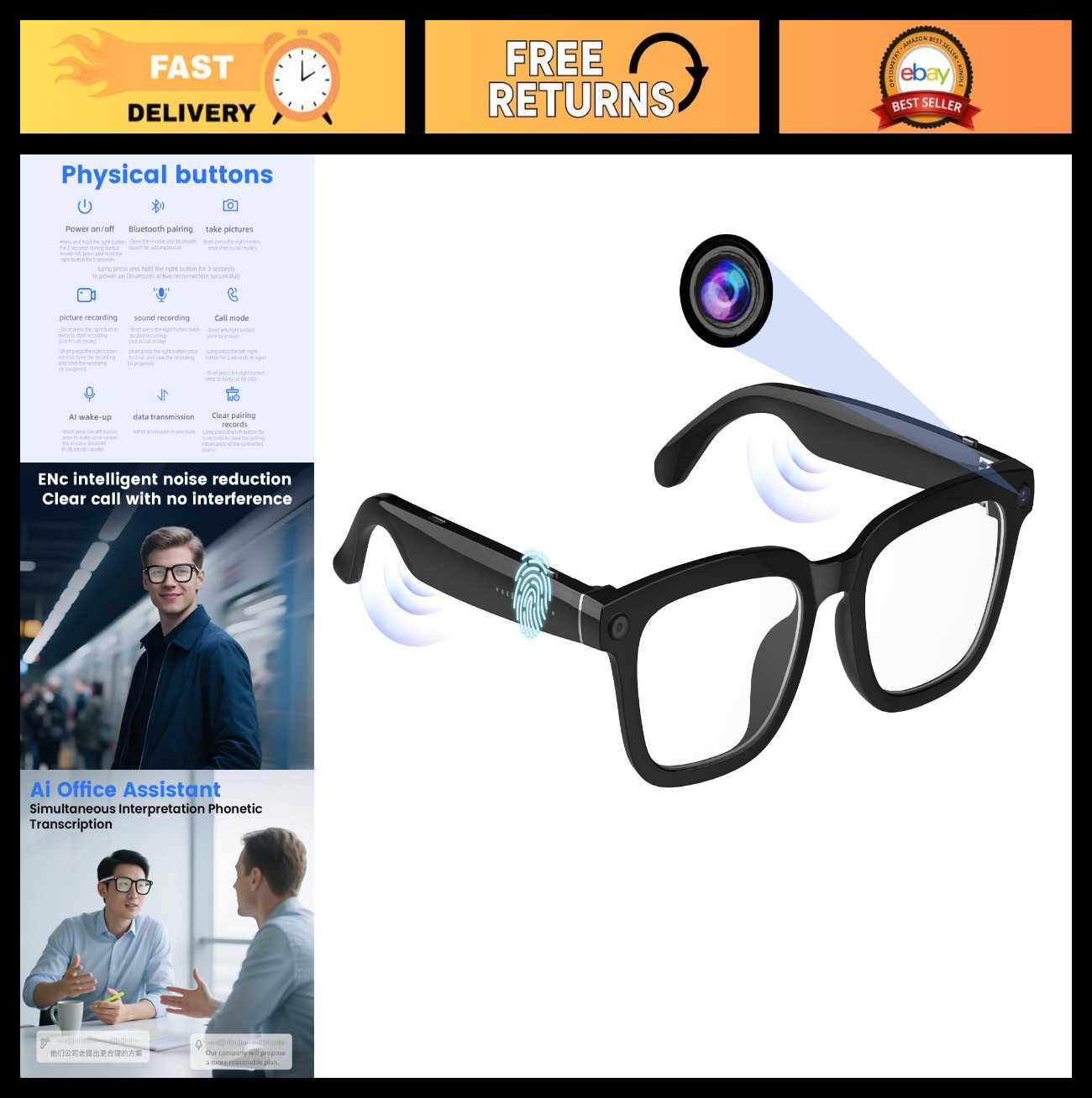 AI Smart Glasses 80MP HD Camera, 1080P Video, Bluetooth, Voice Control, Lightwei