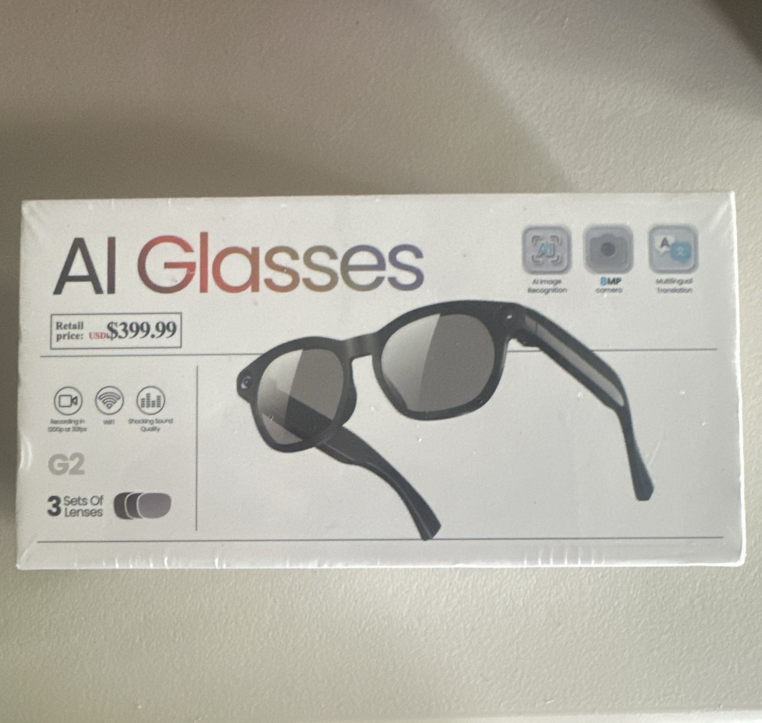 G2 AI Smart Glasses w/ Wi-Fi, 8MP Camera, Image Recognition, Translation, Lenses