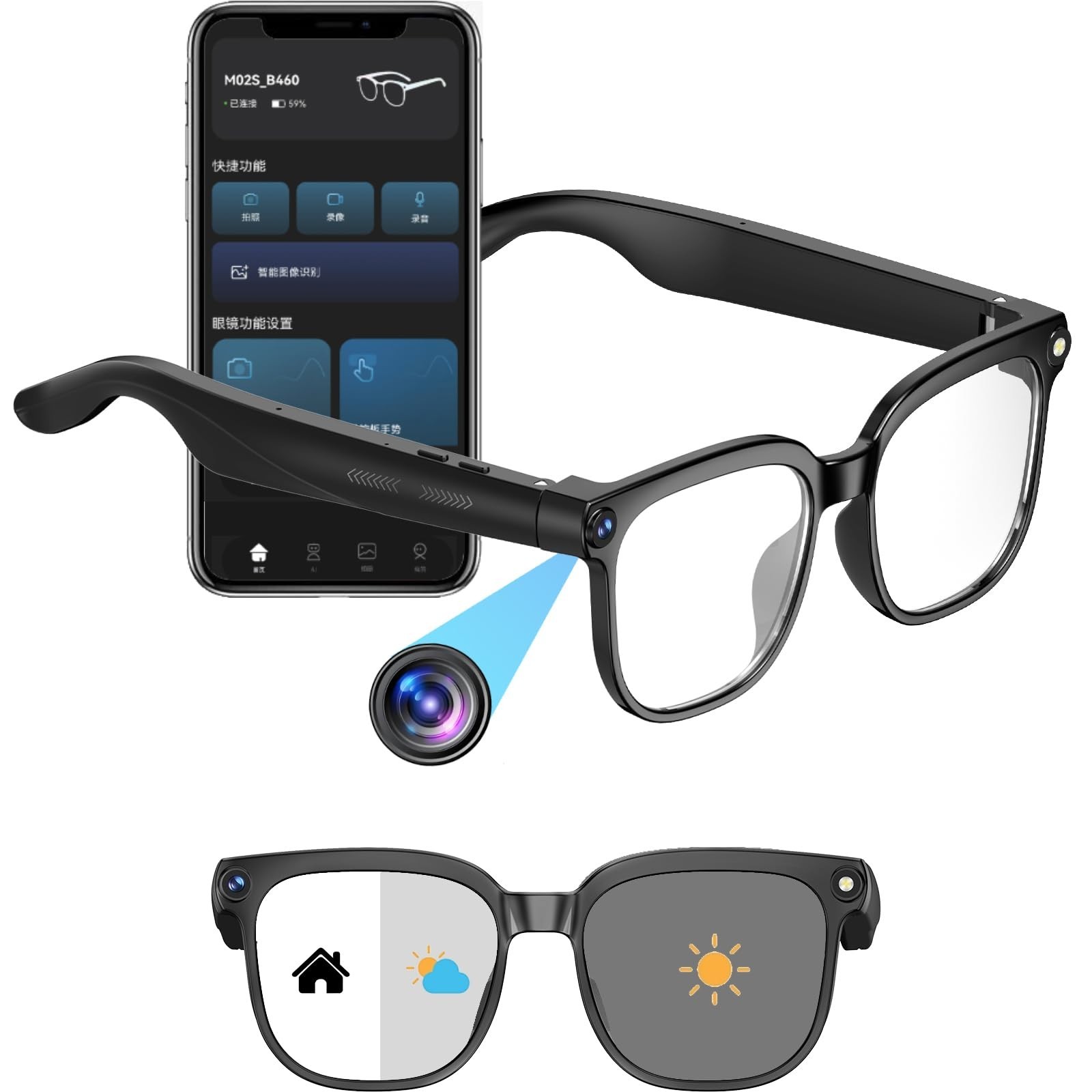 800W Smart Glasses with 1080P Camera, AI Translator, Bluetooth Audio, Photochrom