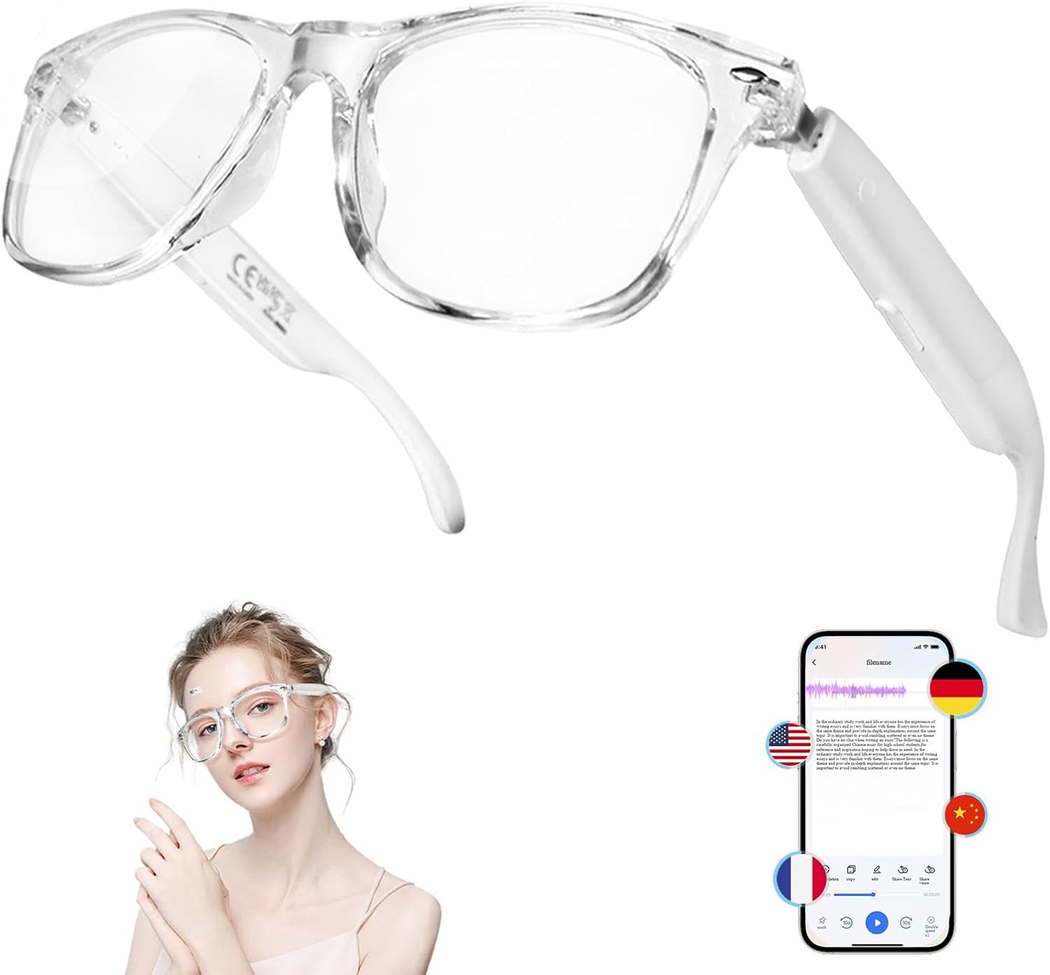AI Smart Glasses Bluetooth 5.4 Translation 144 Languages Blue Light Filter White