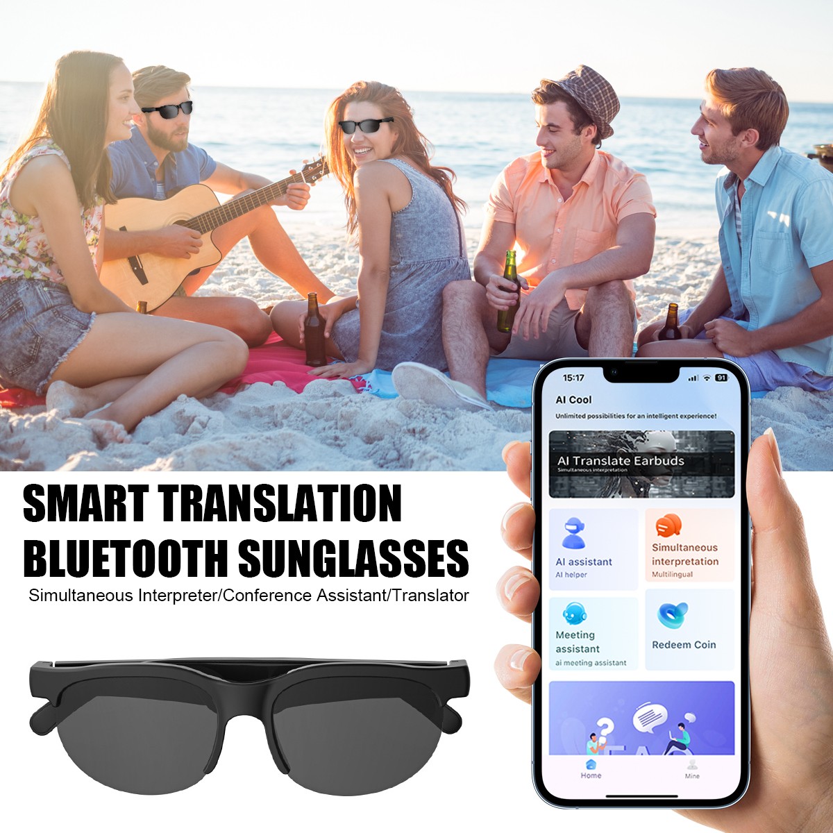 Smart Sunglasses Glasses 144 Language UV Protection Translator Glasses & Headset