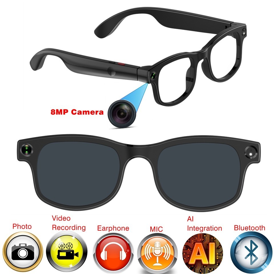 Camera glasses with 8MP camera and microphone and music player