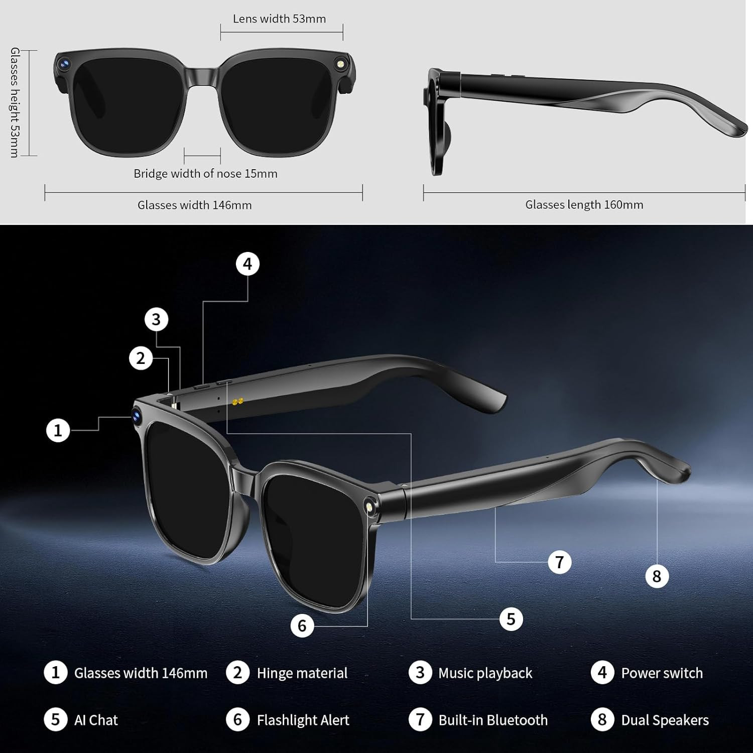 AI Smart Glasses with Camera, 8MP HD Anti-Shake Camera Glasses, 1080P Video Reco