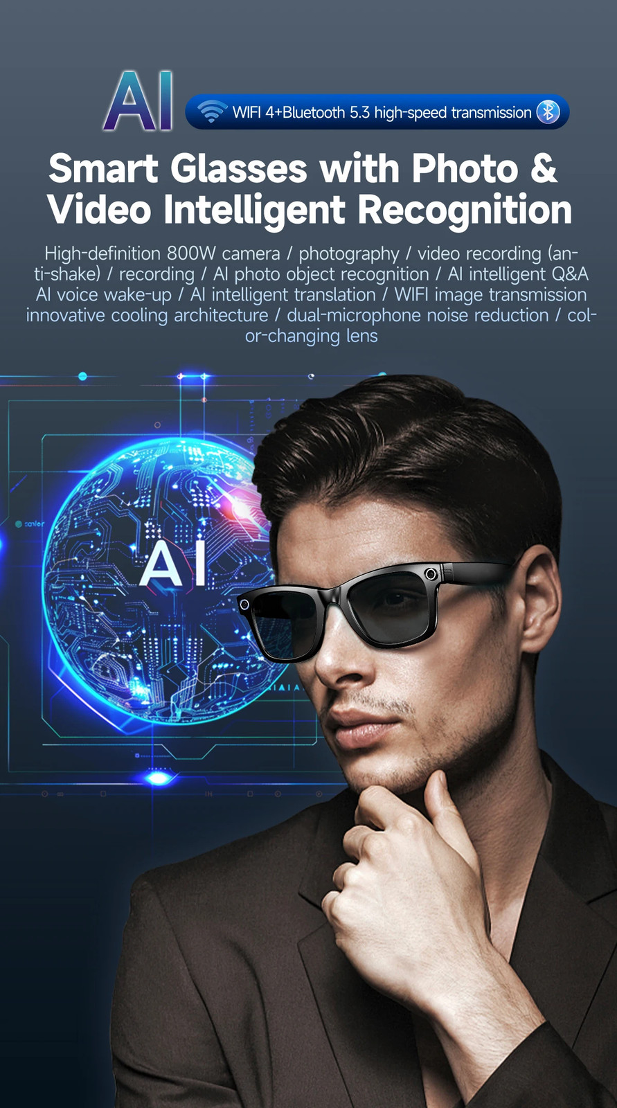 Smart Glasses with Camera Video AI Photo Bluetooth Call Translation Sunglasses