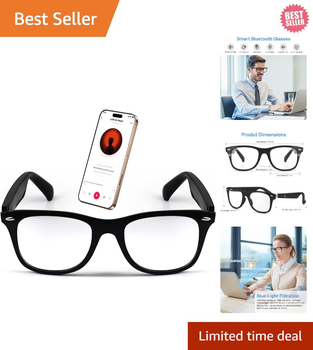 MZ08 Bluetooth Smart Glasses with Open Ear Audio & Blue Light Filtering Lenses
