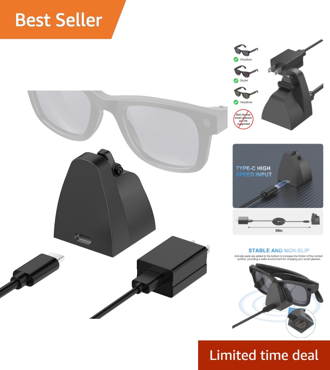 Efficient USB-C Charging Dock for Wayfarer & Skyler Glasses, Compact Design