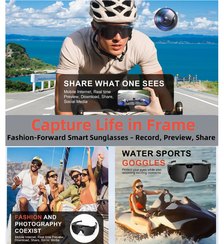 64GB Sports Recording Sunglasses，Hands-Free Outdoor Action Camera，Cycling/Skiing